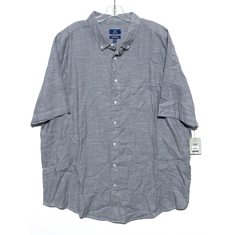 George Classic Fit Button Down Short Sleeve Grey Shirt Men 2XL 50-52 NWT Stretch